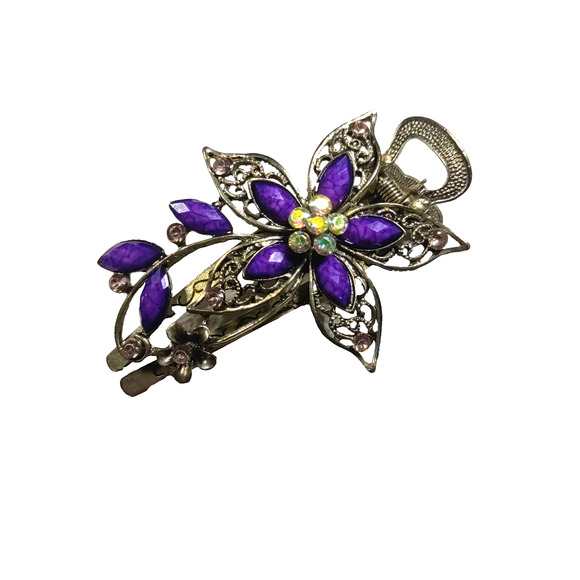 Hair Barrette Clip Gold Tone Purple Shiny Rhinestones Elegant Wedding Pageant - Picture 2 of 6